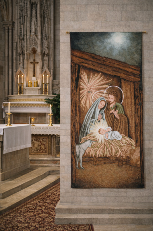 Nativity scene tapestry in a church setting with altar in the background