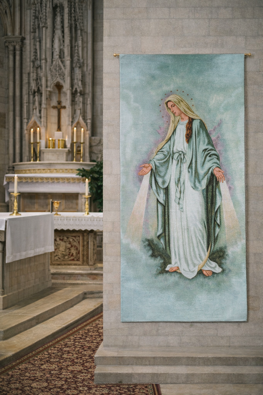 Wall tapestry of the Virgin Mary in a church setting with altar and cross.