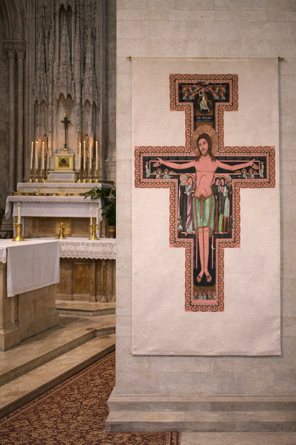Artistic depiction of a crucifixion scene on a wall in a church setting.