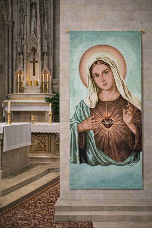 Sacred Heart of Mary Tapestry of a religious figure in a church setting with altar and candles.