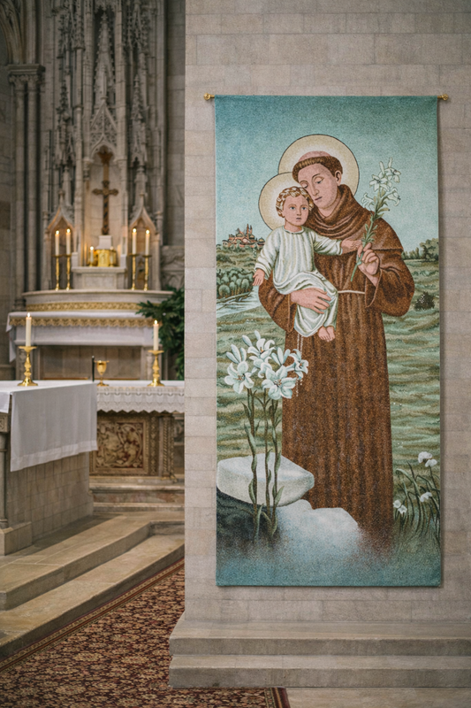 Saint Anthony of Padua Tapestry of a religious figure holding a child in a church setting.
