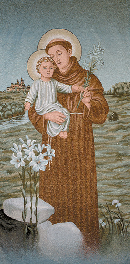 Saint Anthony of Padua Tapestry of a religious figure holding a child in a church setting.