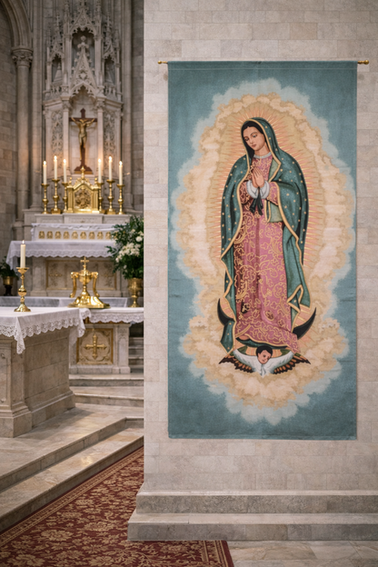 Wall hanging tapestry of Our Lady of Quadalupe 4 feet by 8 feet with rod hole opening. Made in Italy