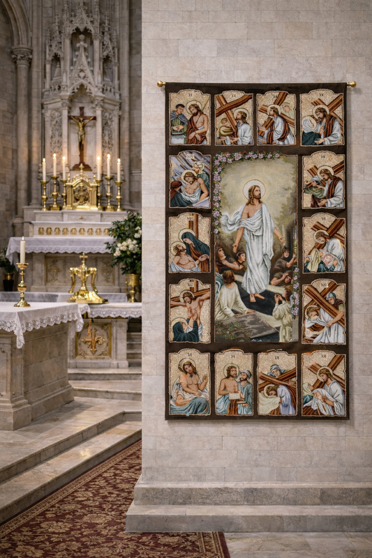Stations of the Cross wall tapestry Religious artwork depicting Jesus Christ and scenes from his life in a church setting.