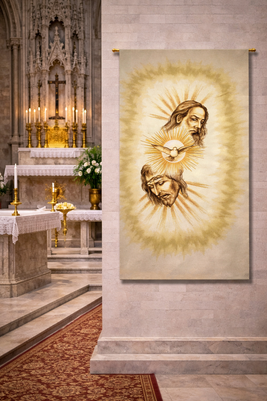 Wall tapestry of religious figures in a church setting