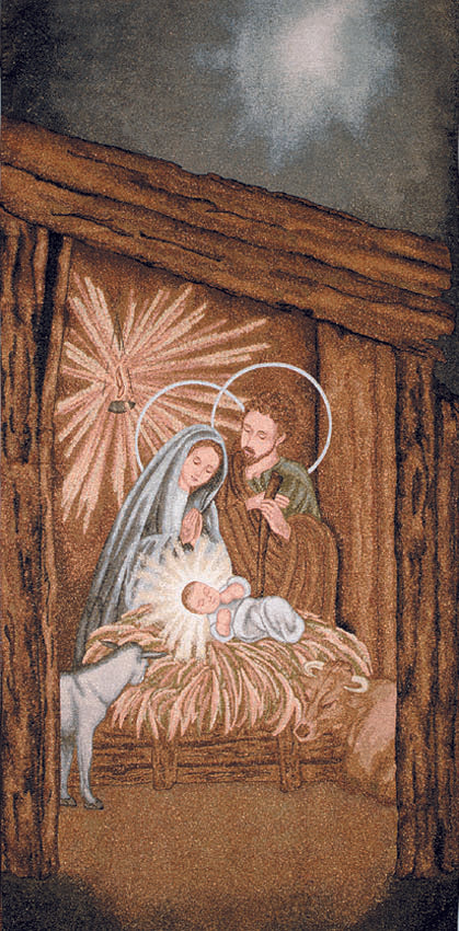 Nativity scene tapestry with Mary, Joseph, and baby Jesus in a manger.