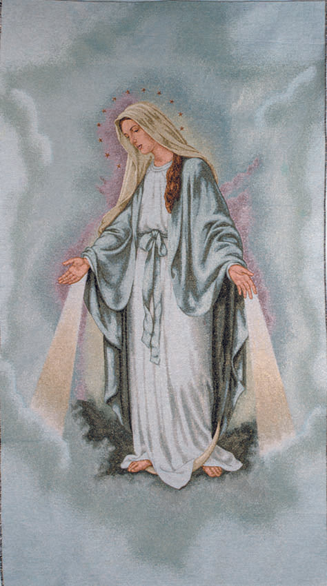 Wall tapestry of the Virgin Mary in a church setting with altar and cross.