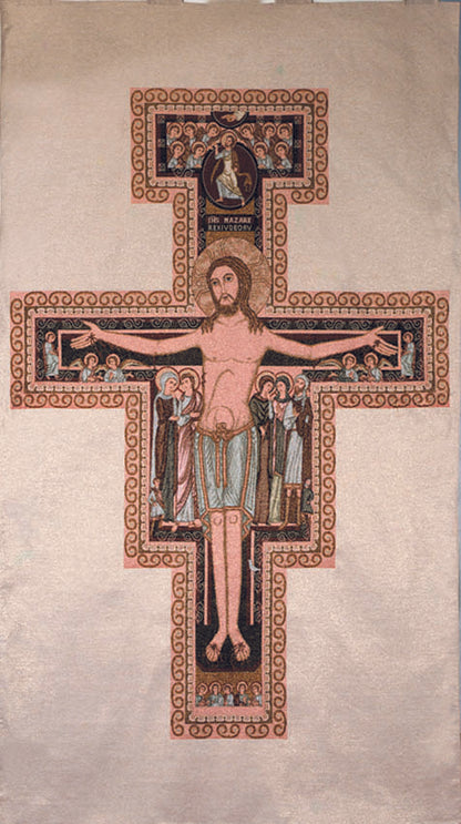 Wall  tapesrty of the San Damiano cross on a wall inside a church.
