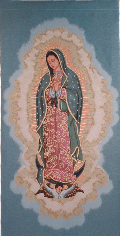 Wall hanging tapestry of Our Lady of Quadalupe 4 feet by 8 feet with rod hole opening. Made in Italy