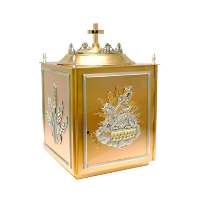 Gold plated Tabernacle with symbols of wheat stalk and Lamb of God. Made in Italy and Sold by The Clergy Store.