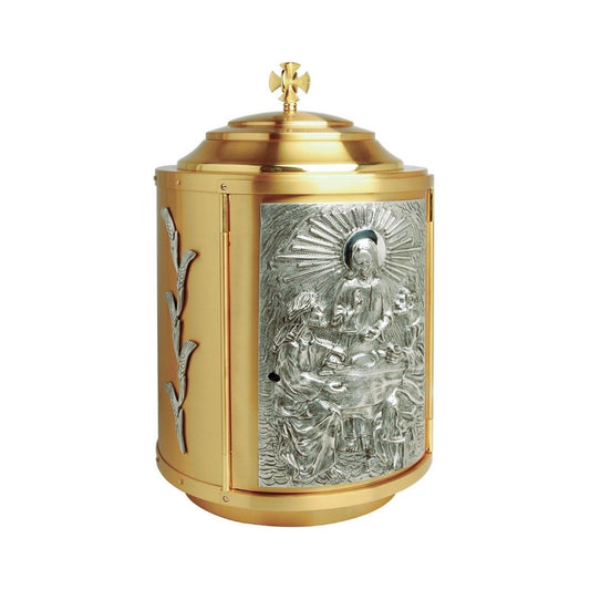 Round Tabernacle with image of the Last Supper. Made in Italy and Sold by The Clergy Store.