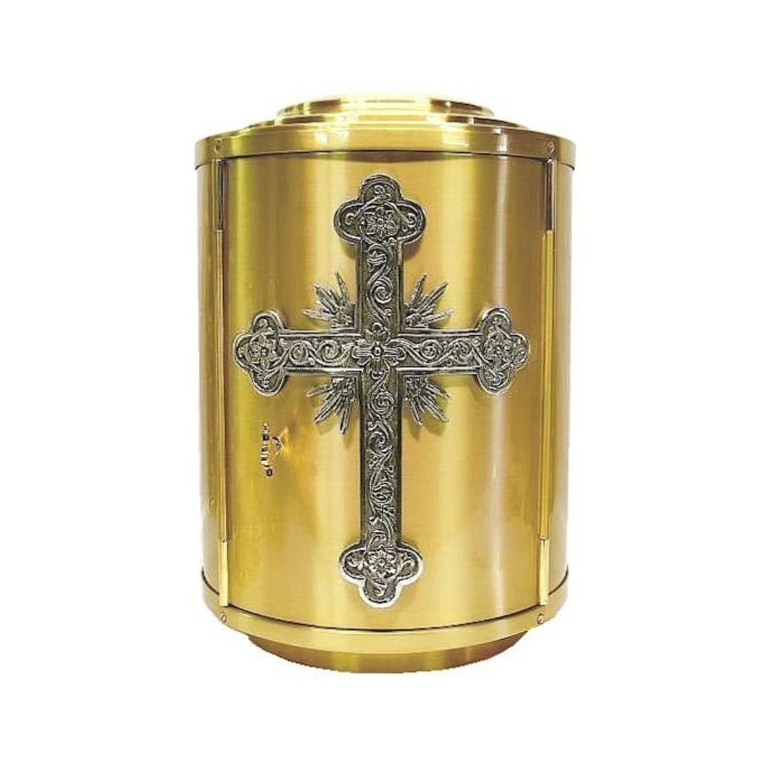 Round Tabernacle with Pictoral Cross. Made in Italy and Sold by The Clergy Store