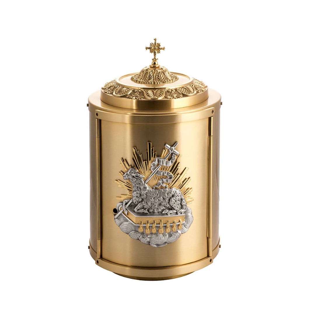 Round Tabernacle with symbol of Lamb of God and Holy Book. Made in Italy and Sold by The Clergy Store.