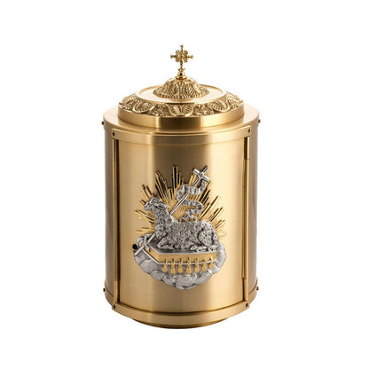 Round Tabernacle with symbol of Lamb of God and Holy Book. Made in Italy and Sold by The Clergy Store.