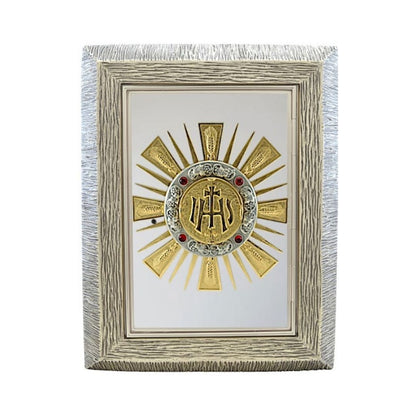 Bronze wall tabernacle with  a IHS design in a silver two tone finish. Made in Italy and sold by The Clergy Store