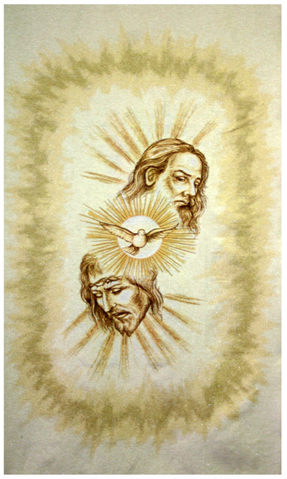 Illustration of a religious figure with a dove and halo on a textured bannerbackground
