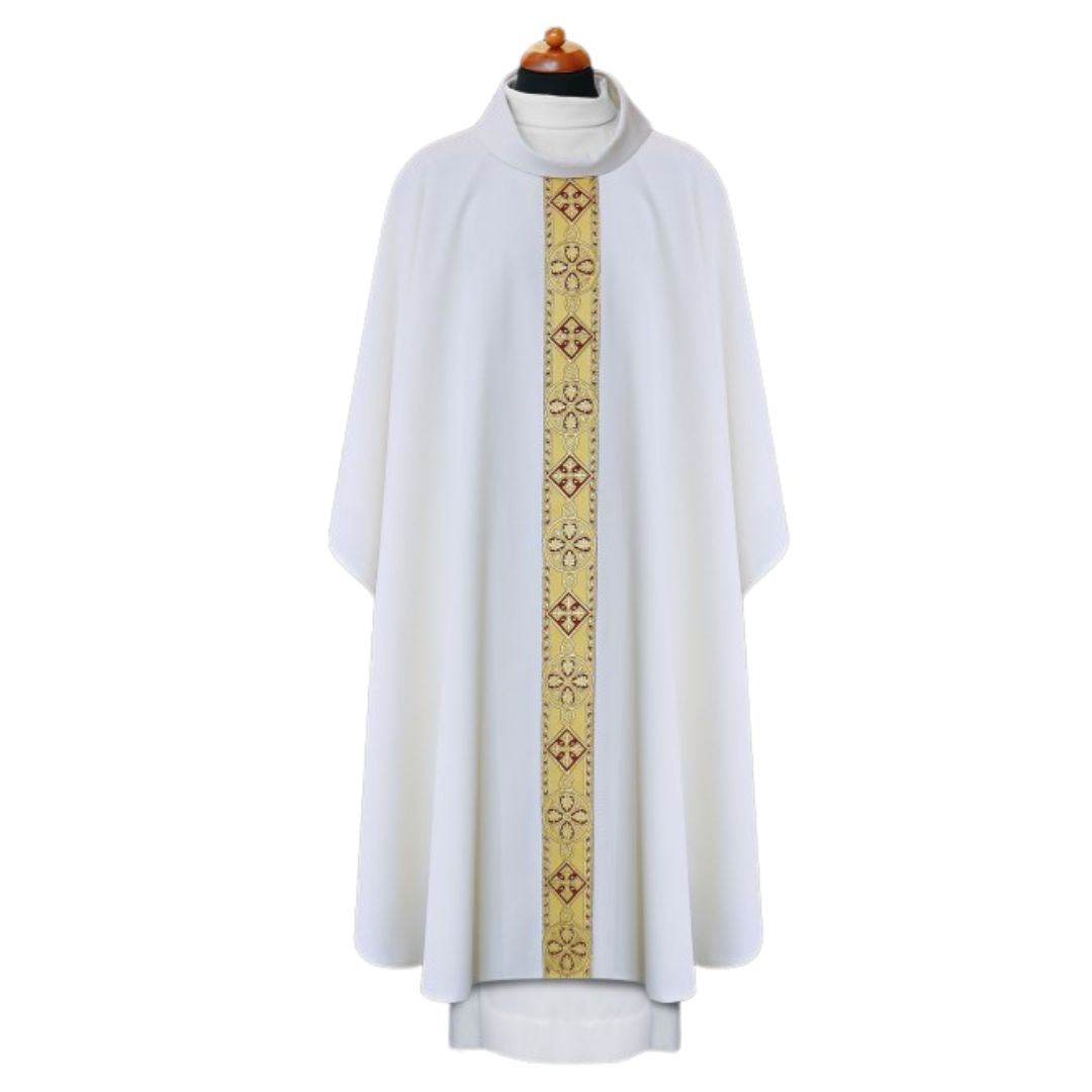 Chasuble with classic brocade orphrey. Made in Poland and sold by The Clergy Store