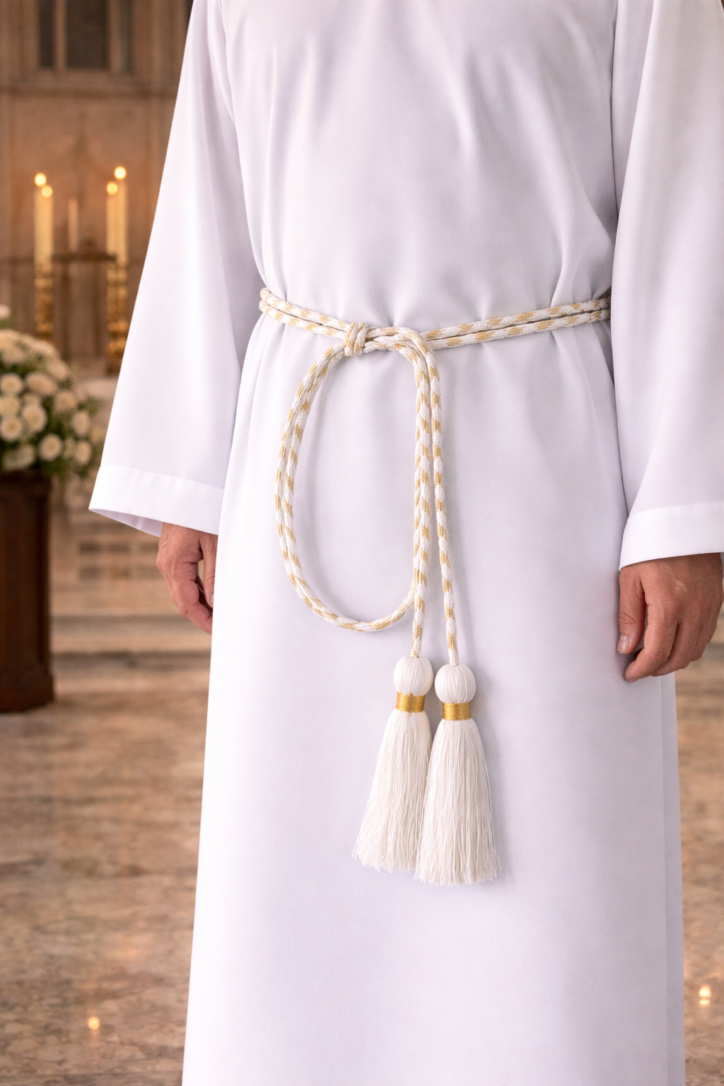 Clergy wearing a white alb with a decorative cinture featuring tassels in an indoor setting.