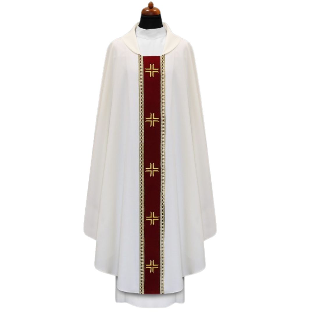 Chasuble with embroidered cross on velvet orphrey and trimmed in galloon. Made in Poland and sold by The Clergy Store