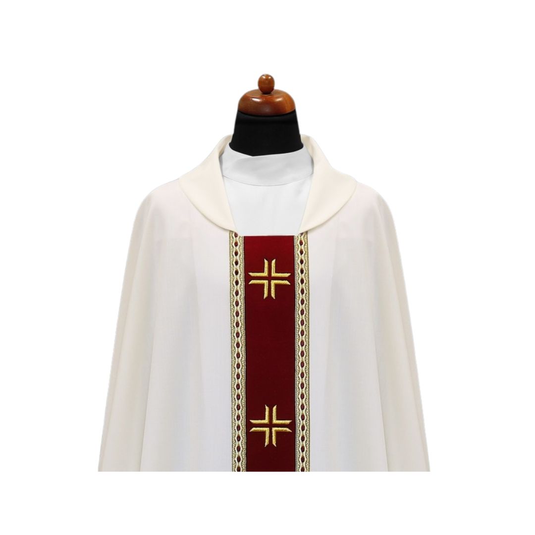 Chasuble with embroidered cross on velvet orphrey and trimmed in galloon. Made in Poland and sold by The Clergy Store