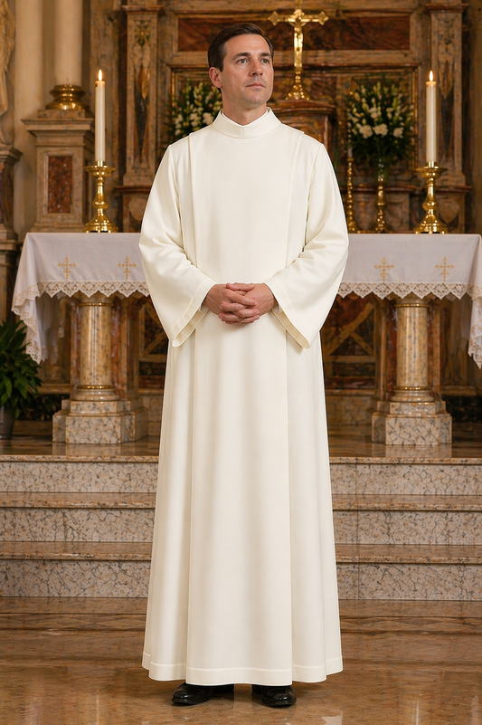 Priest in white robe standing in a church with altar and candles.