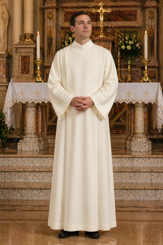 Priest in off-white robe standing in a church with an altar in the background