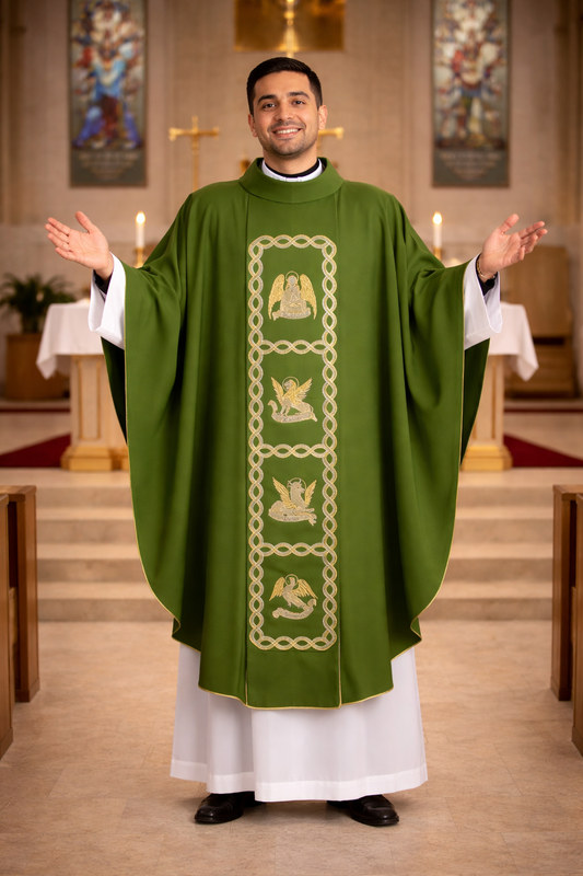 Wool chasuble green with embroidery of the four evangelist. Celebrate Christmas or Easter. Made in Italy