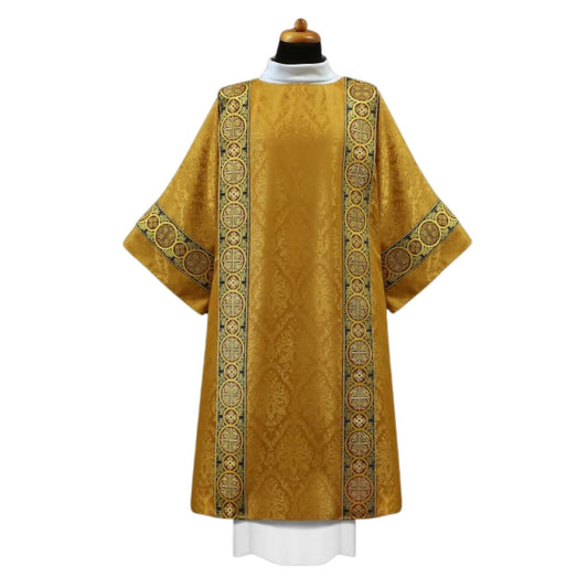 Deacon dalmatic with brocade bands on lightweight damask. No collar, Made in Poland and sold by The Clergy Store