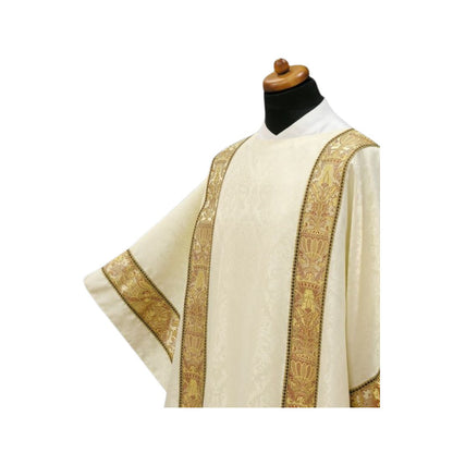 Deacon dalmatic with brocade coronation bands on damask material. Made in Poland and sold by The Clergy Store