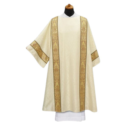 Deacon dalmatic with brocade coronation bands on damask material. Made in Poland and sold by The Clergy Store