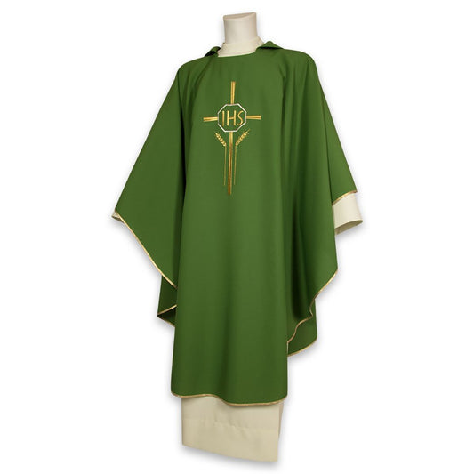 Chasuble with IHS design in green made in Italy and sold by The Clergy Store
