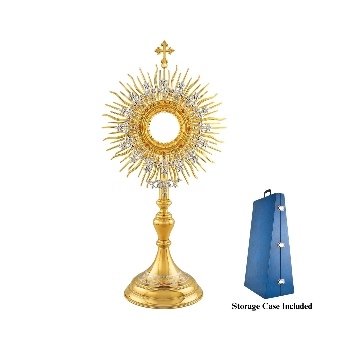 Brass monstrance, 24-karat gold-plated with silver-plated accents. Made in traditional style, which makes it suitable for use in both historical and modern interiors. The sunburst consists of two layers: a layer of gold-plated rays and a silver-plated wreath with flowers. The opening for the luna is surrounded by a decorative pattern encrusted with red stones. The monstrance is topped with a cross. The round base is adorned with a silver-plated floral design.