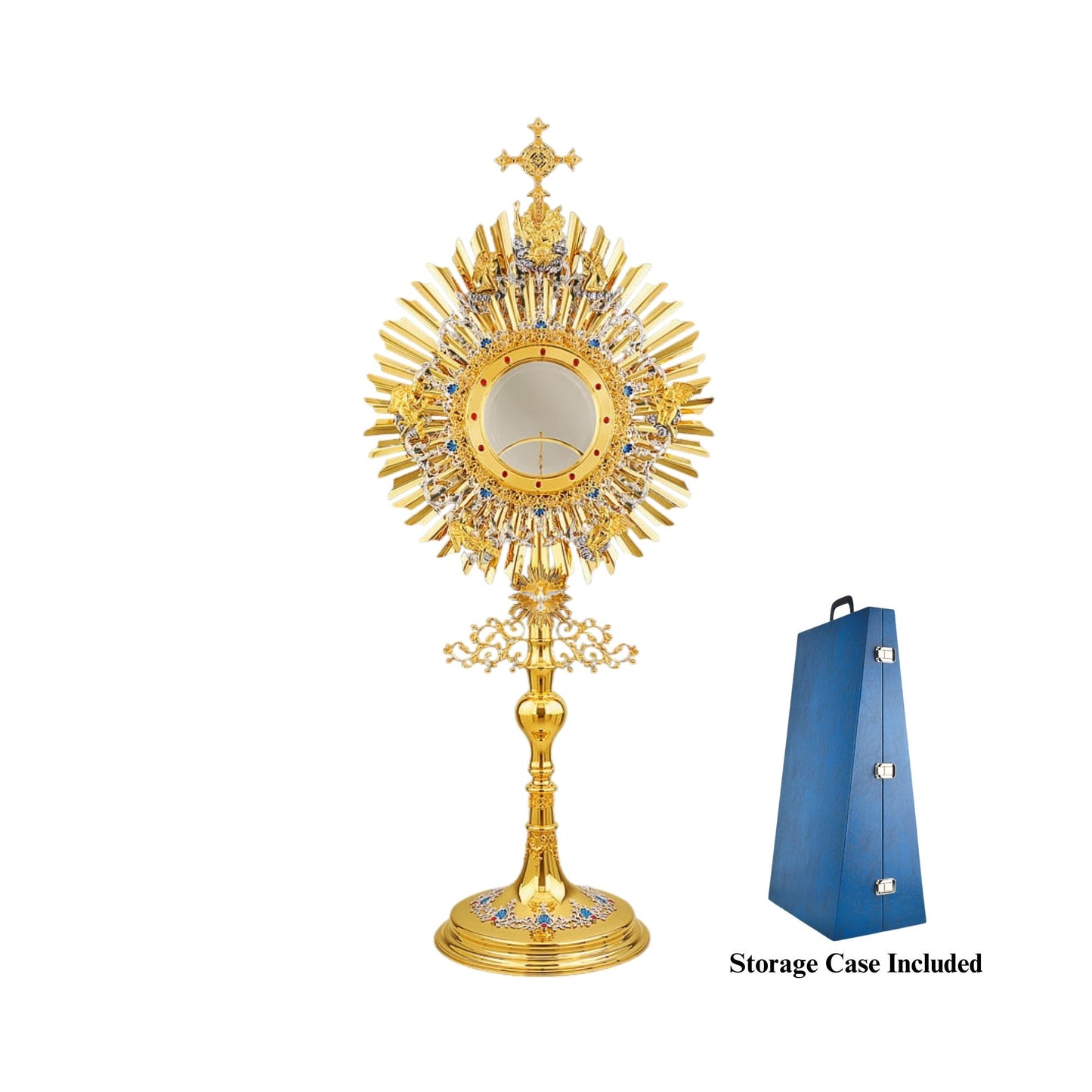 A large monstrance (height: 43-1/4") for a big host (diameter: 6"). Made of brass, 24-karat gold-plated. The glory consists of two sunbursts and two elaborate silver-plated wreaths. The bigger wreath has figures of God the Father and Jesus attached to the top, and six angels placed around the luna case. The smaller wreath is embellished with blue-enameled accents. A figure of the Holy Spirit (the Dove) against its own small sunburst is set at the bottom of the glory. The opening for the luna comes with an o
